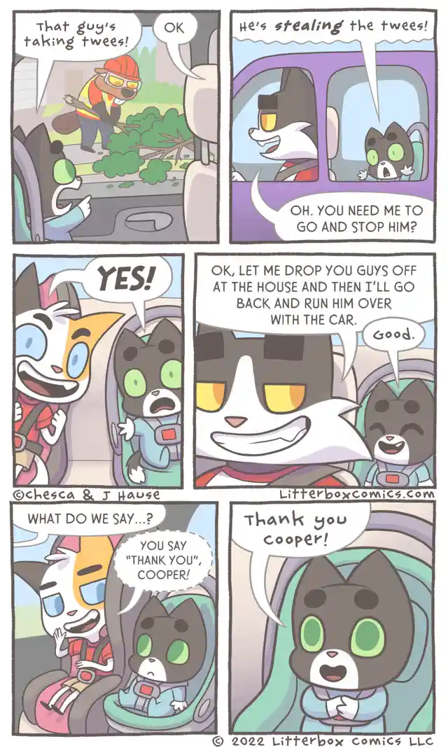 A six-panel comic strip featuring cartoon cats in a car. One cat spots a man in an orange hard hat and safety vest taking…
