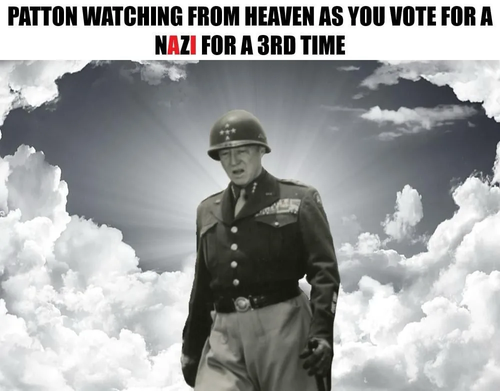 A black-and-white image of General George S. Patton in military uniform, standing in a heavenly setting with clouds and a…