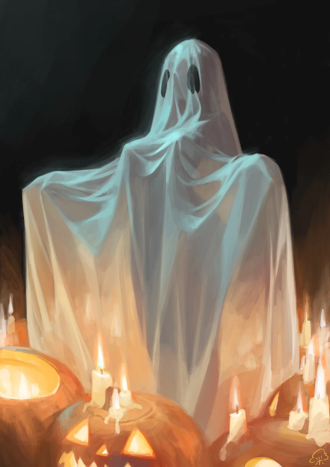 A digital painting shows a classic white sheet ghost with two black oval eyes, standing in a dark setting illuminated by…