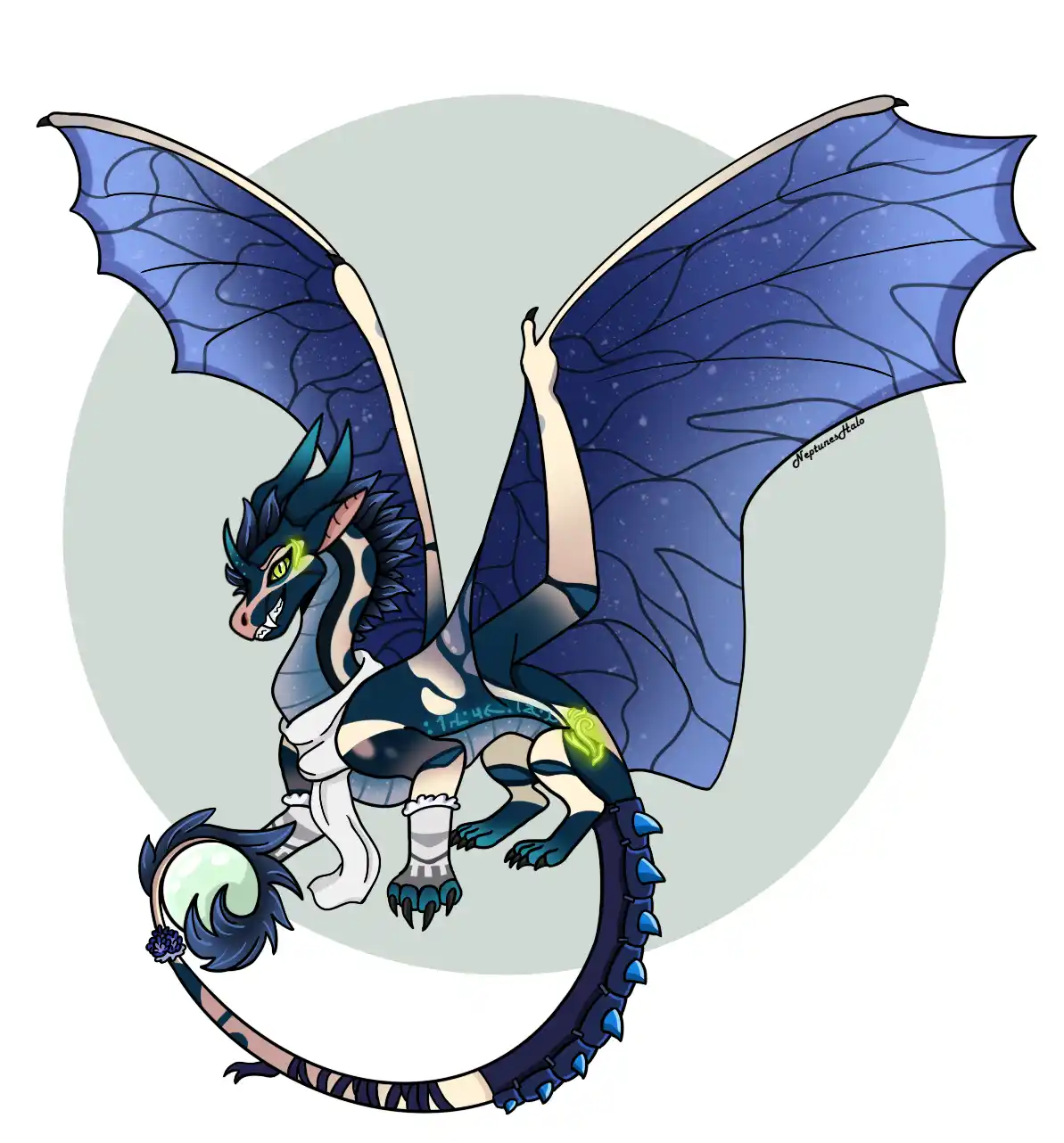 A stylized blue dragon with large, translucent wings and glowing green eyes is depicted in a human-like pose, wearing white…