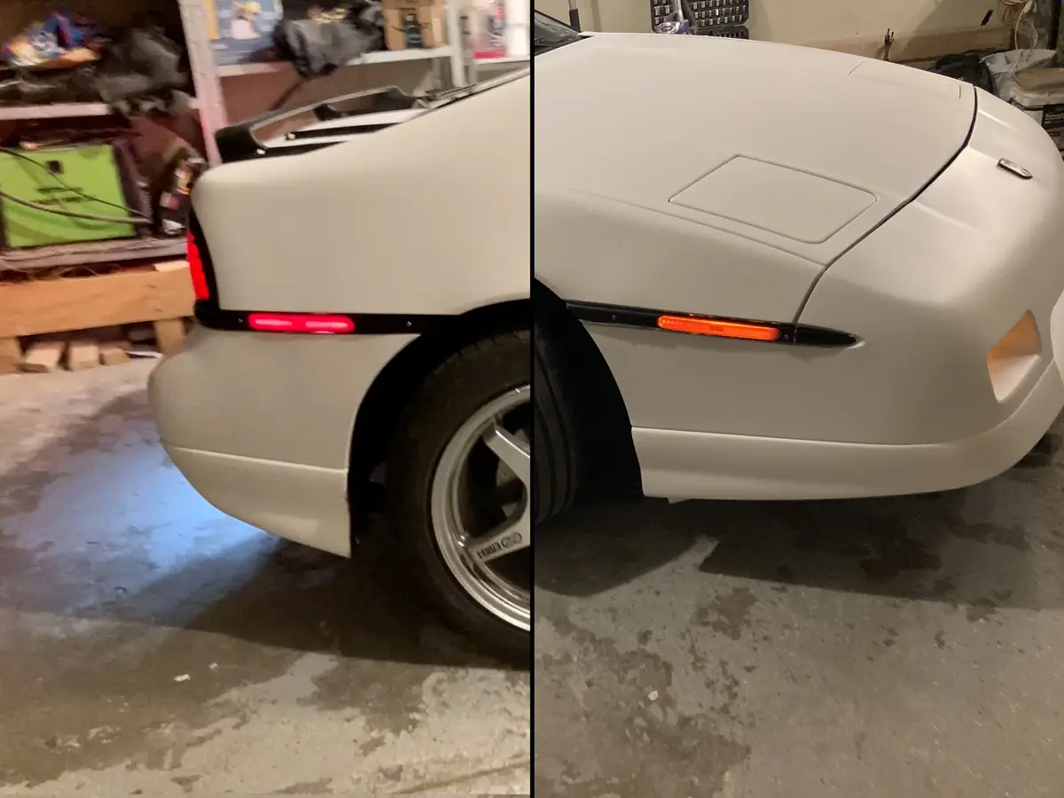 A split-screen image shows the rear quarter panel of a white car in a garage. The left panel shows a red light bar, while…