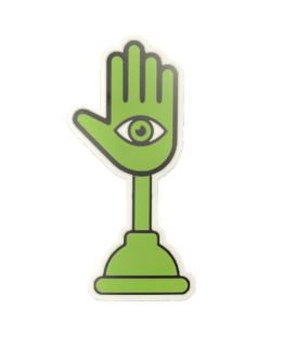 a green cartoon illustration of a hand with an eye in the center of the palm, mounted on a plunger base, with the text 'the…