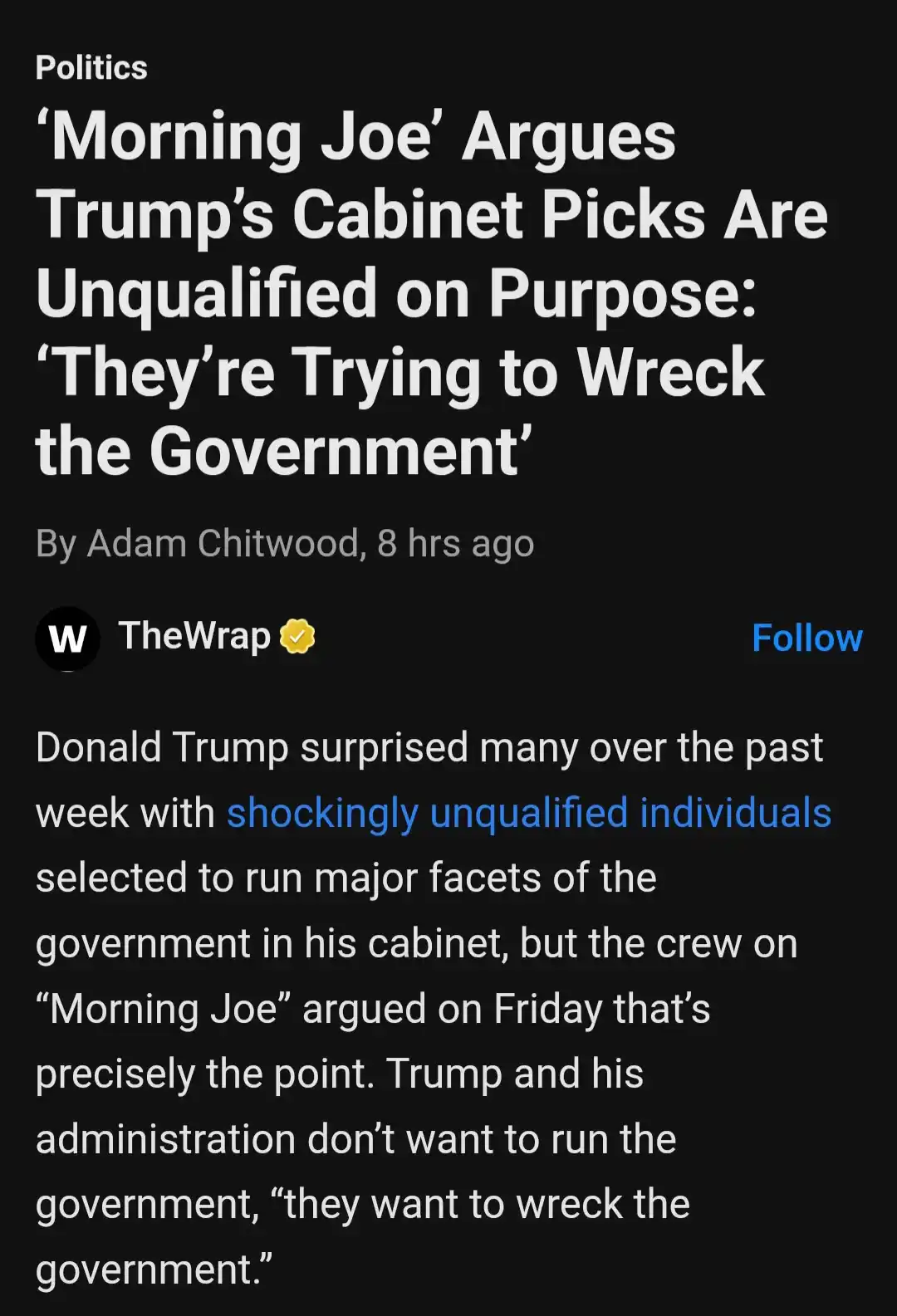 A screenshot of a TheWrap news article with a black background and white text. The headline reads 'Morning Joe' Argues…