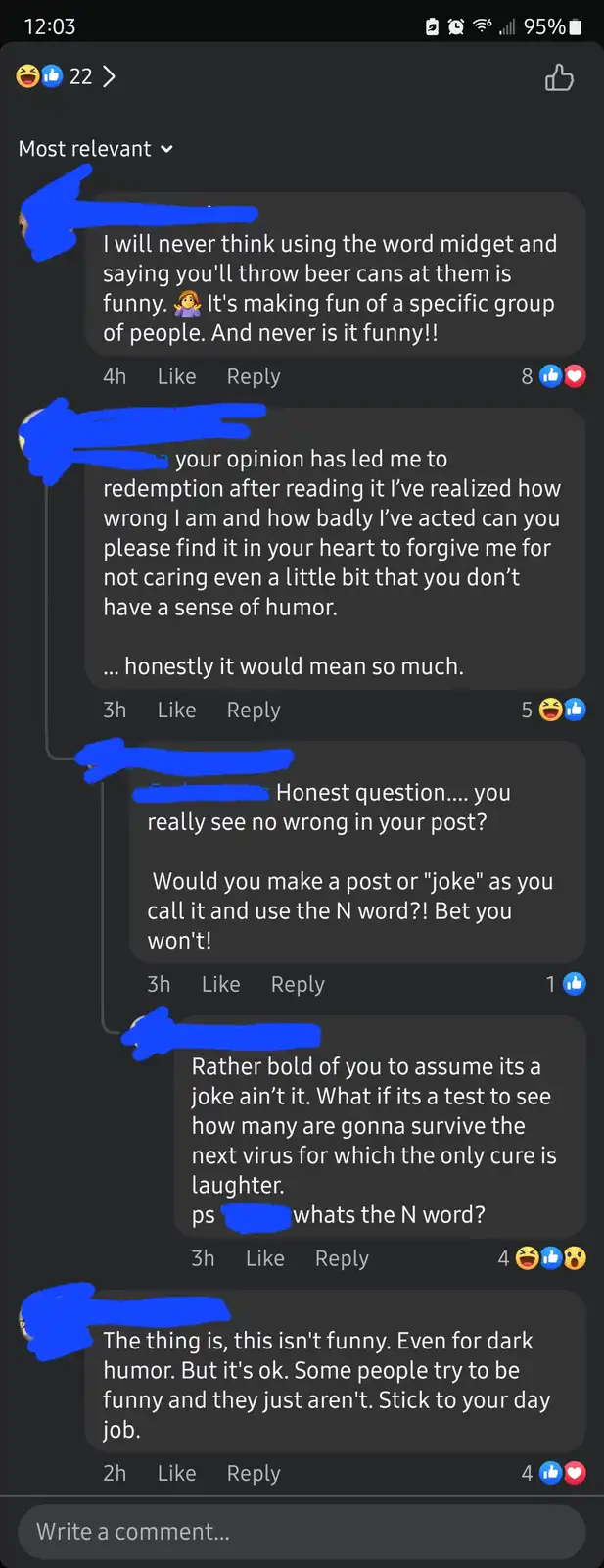 A screenshot of a Facebook comment thread where users debate the offensiveness of a joke involving the word 'midget' and…