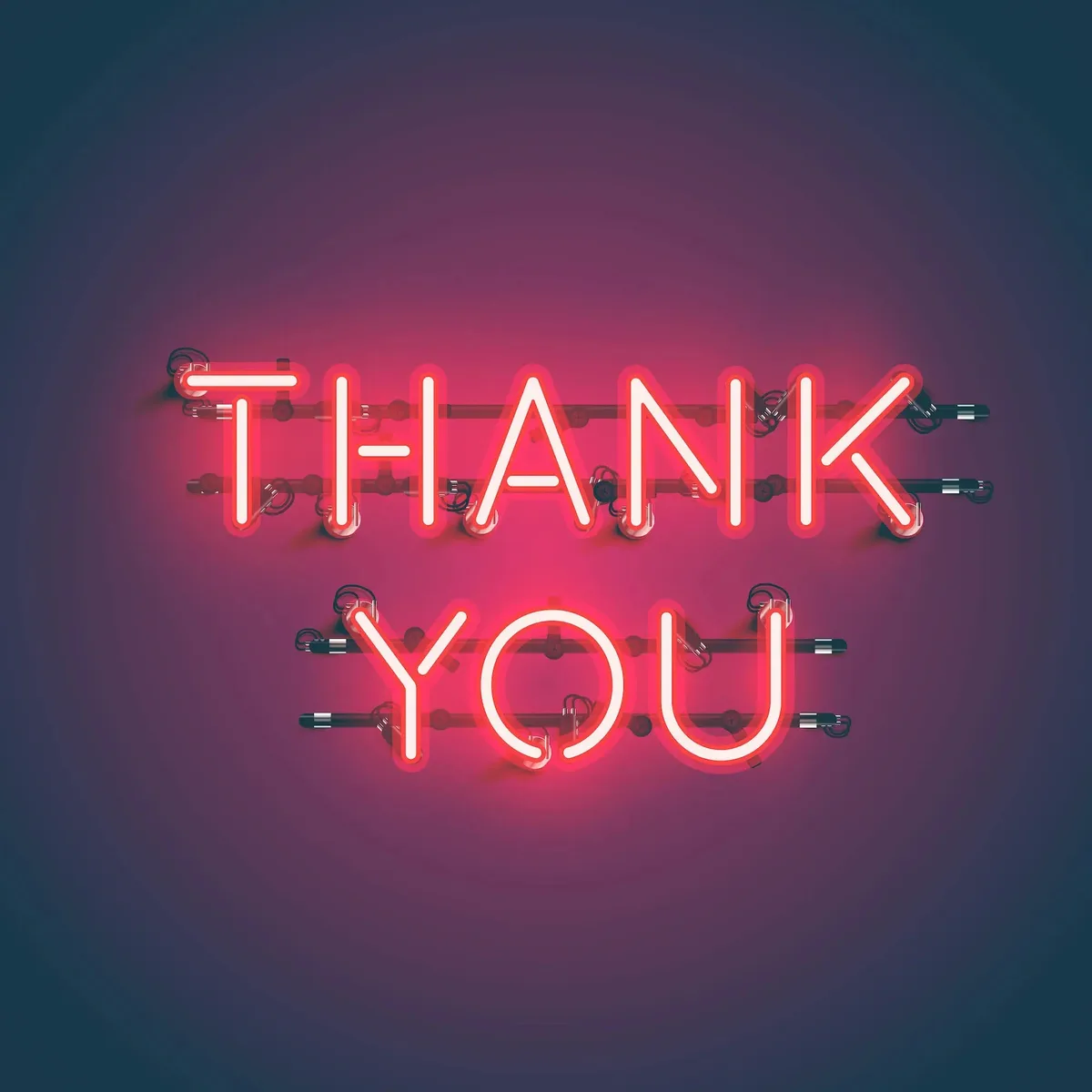 A glowing red neon sign spells out 'THANK YOU' in uppercase letters against a dark gradient background. The sign has a…
