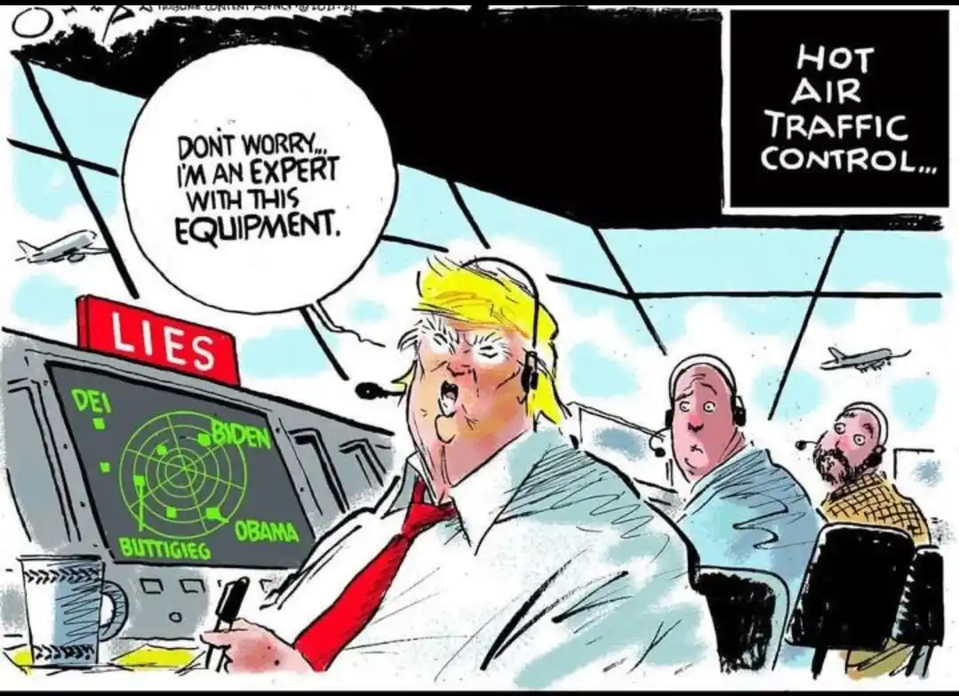 A cartoon depicts Donald Trump in a traffic control tower labeled 'HOT AIR TRAFFIC CONTROL,' confidently declaring he's an…