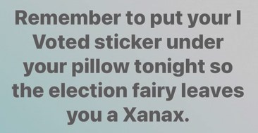 A plain light blue background with centered dark gray text that reads: 'Remember to put your I Voted sticker under your…