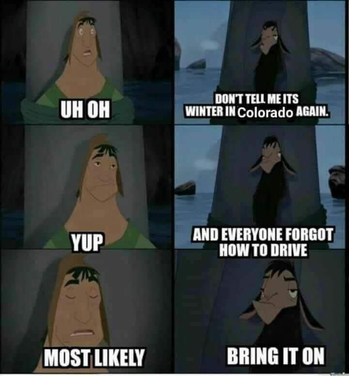 A six-panel meme using characters from Disney's 'Pocahontas' to depict a relatable winter experience in Colorado. The left…