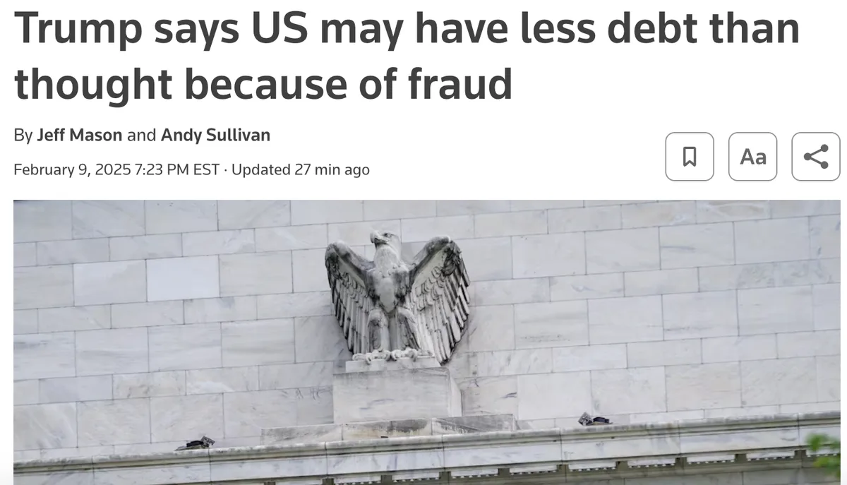 A screenshot of a news article with a headline about Trump claiming US debt may be lower due to fraud, overlaid on a photo…
