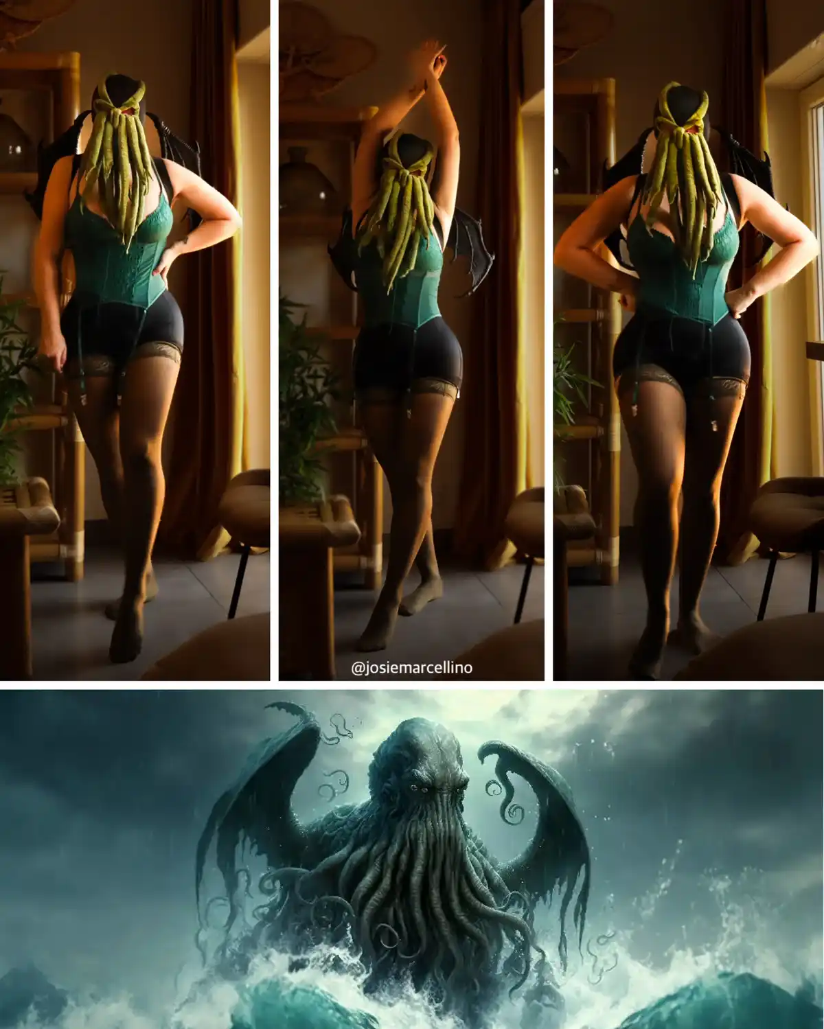 A triptych shows a person in a green corset and black shorts posing confidently with Cthulhu-themed headwear and bat-wing…