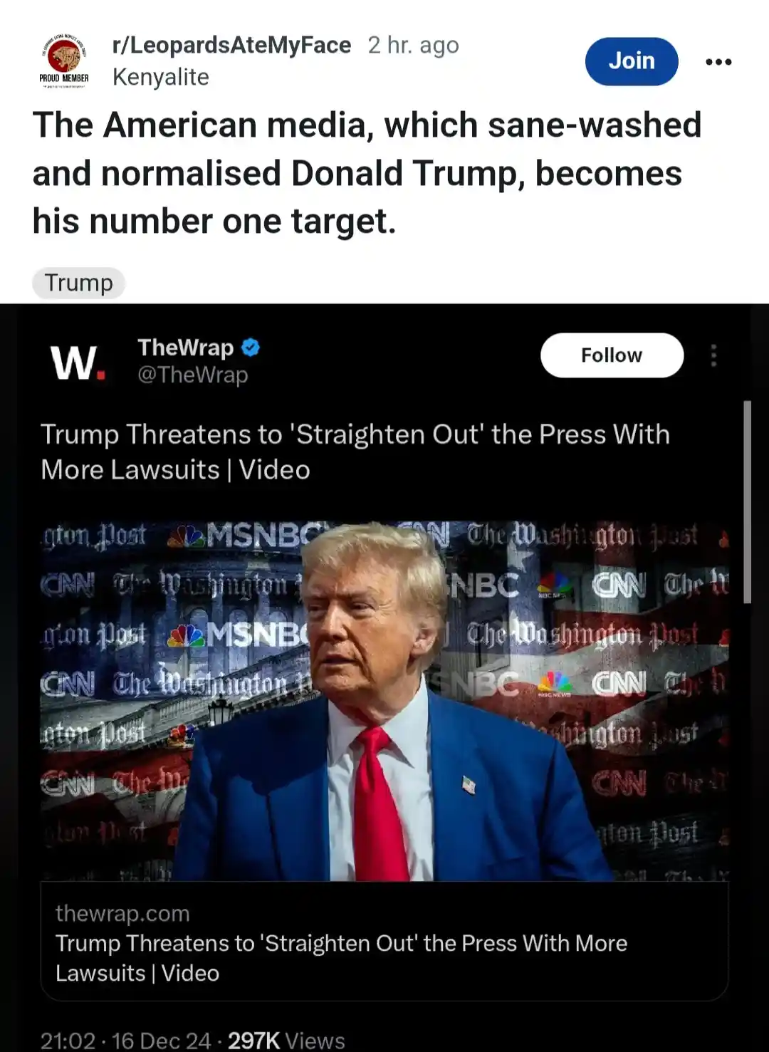 A screenshot of a Twitter post from TheWrap showing Donald Trump in a blue suit and red tie, with logos of major news…