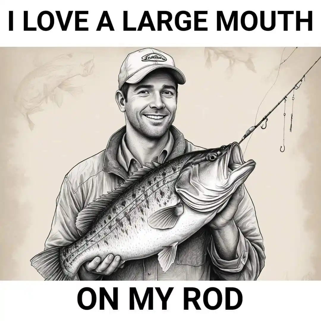 A black-and-white illustrated man in a fishing cap holds a large fish with its mouth wide open, hooked on a fishing rod. The…