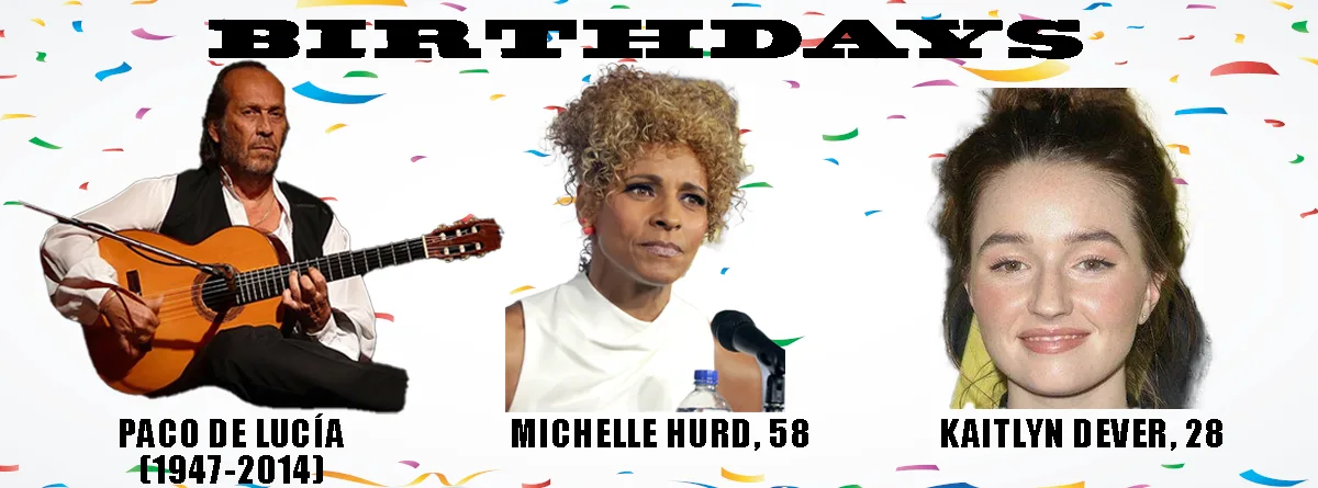 A celebratory birthday meme featuring three people: Paco de Lucía holding a guitar, Michelle Hurd looking serious at a…