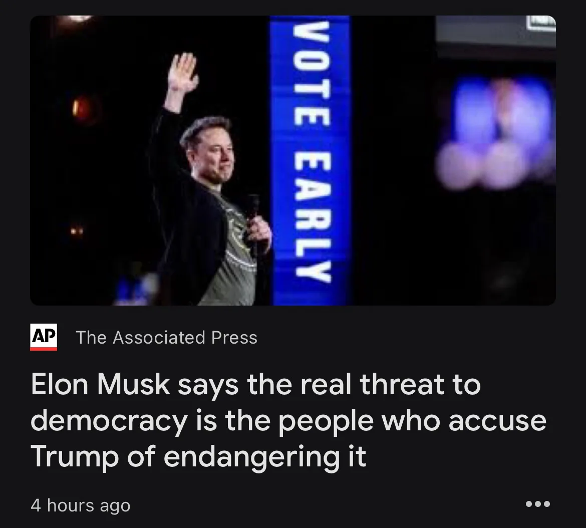 A screenshot of a news article from The Associated Press shows Elon Musk waving while holding a microphone, standing next to…