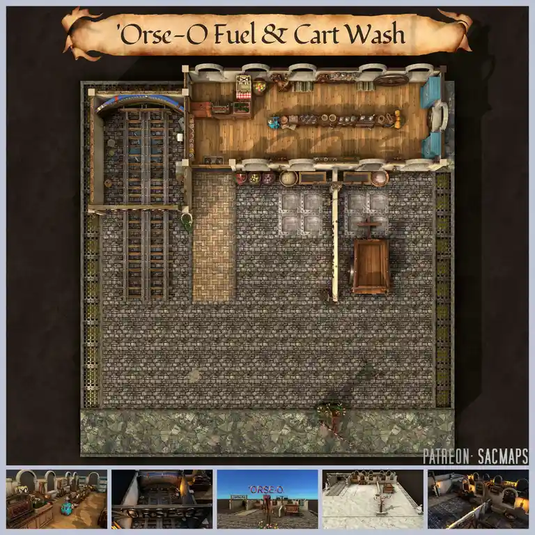 An overhead view of a fantasy tavern or shop named 'Orse-O Fuel & Cart Wash', featuring stone floors, wooden shelves with…