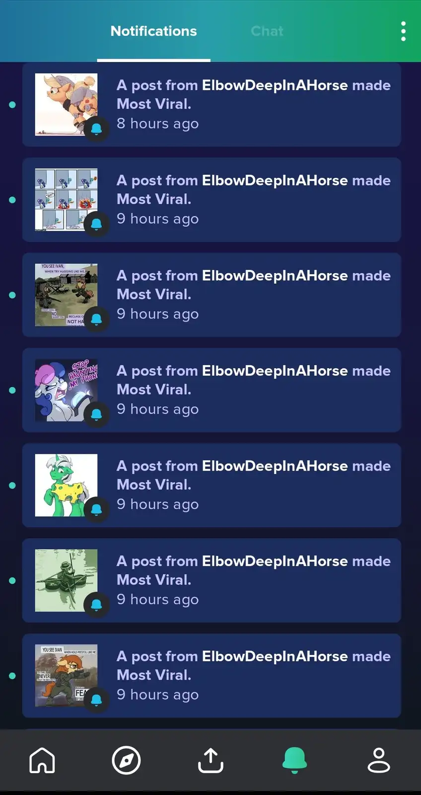 A screenshot of a social media app's notifications page shows multiple identical alerts, each stating 'A post from…