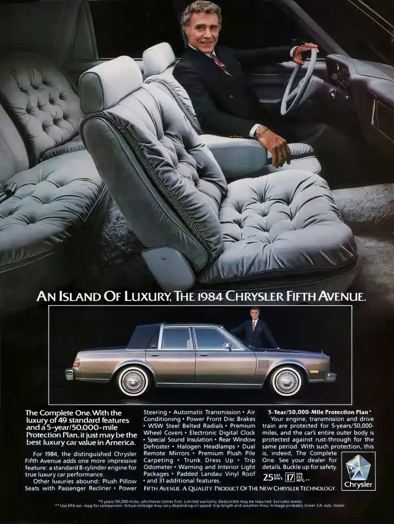 A vintage 1984 Chrysler Fifth Avenue car advertisement featuring a smiling man in a suit sitting in the driver's seat, with…