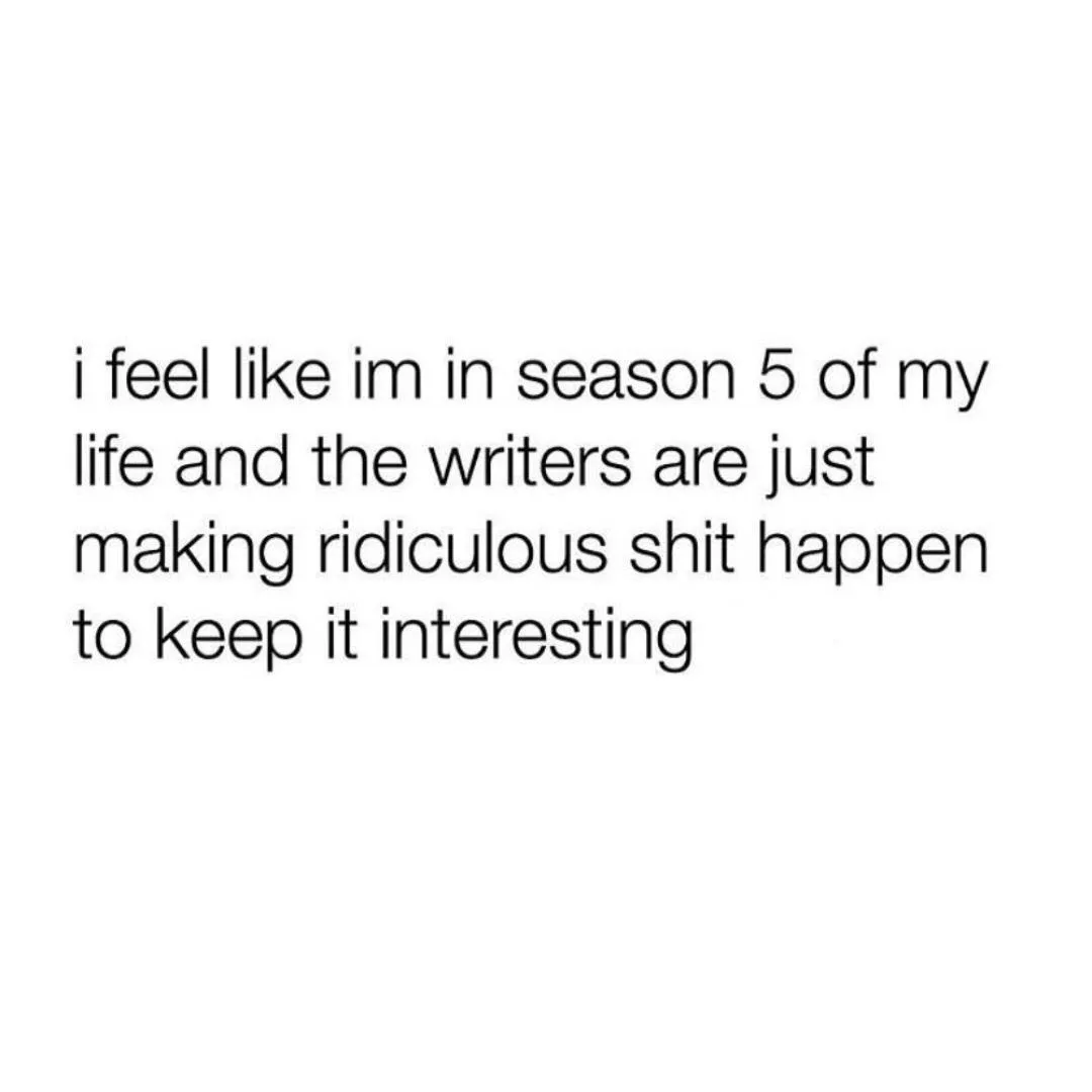 The image is a plain white background with black text that reads: 'i feel like im in season 5 of my life and the writers are…
