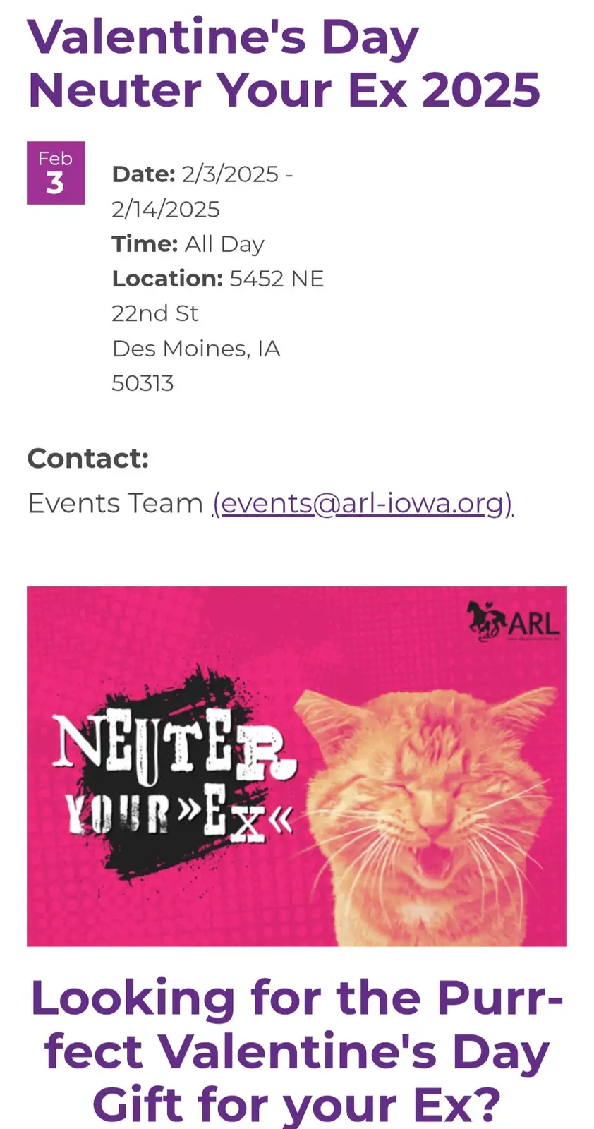 The image is a mock event flyer for 'Valentine's Day Neuter Your Ex 2025,' listing a date range from February 3 to 14, 2025…