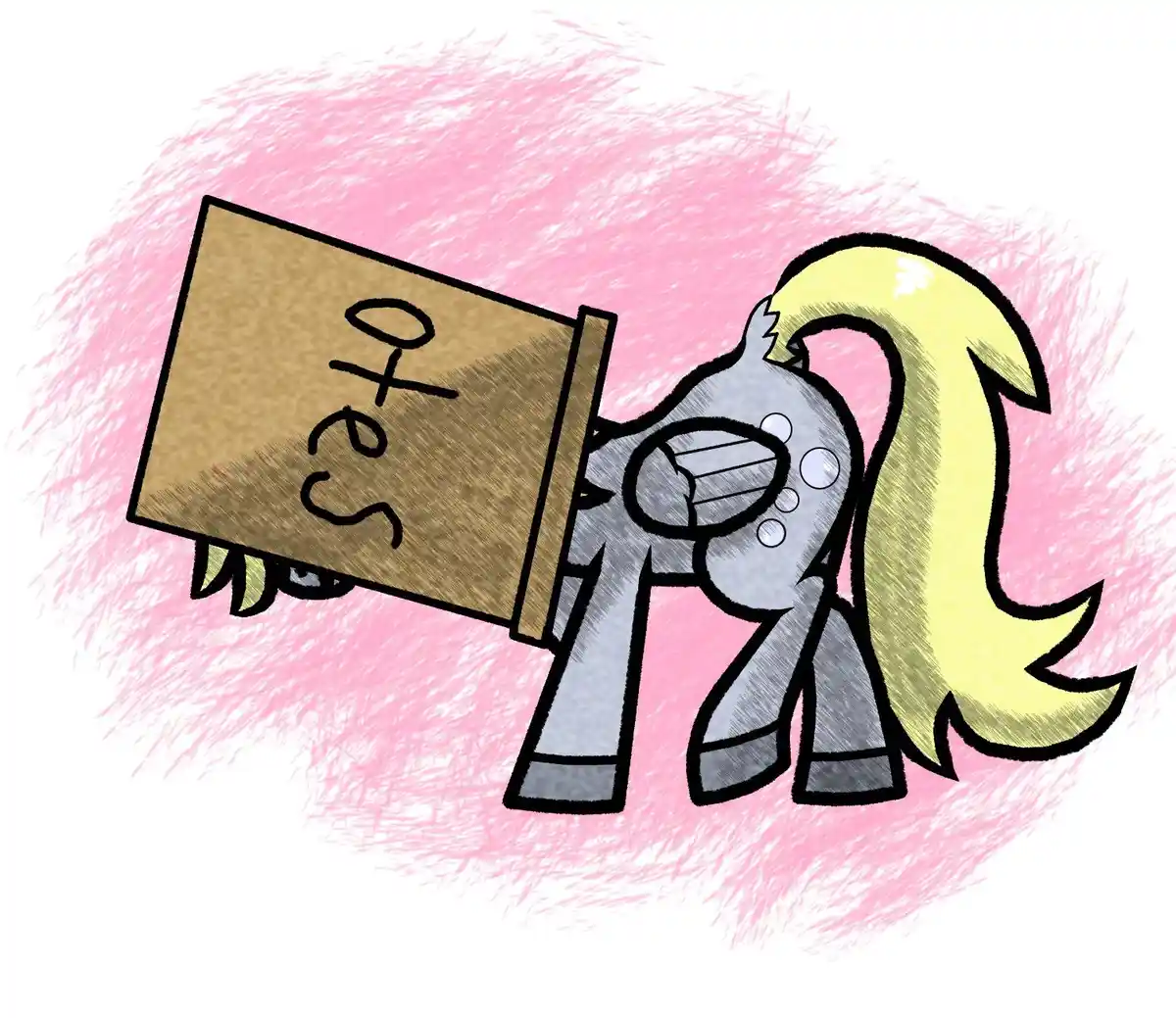 A cartoon pony with a yellow mane and gray body is holding a cardboard sign that reads 'ofes' in handwritten letters. The…