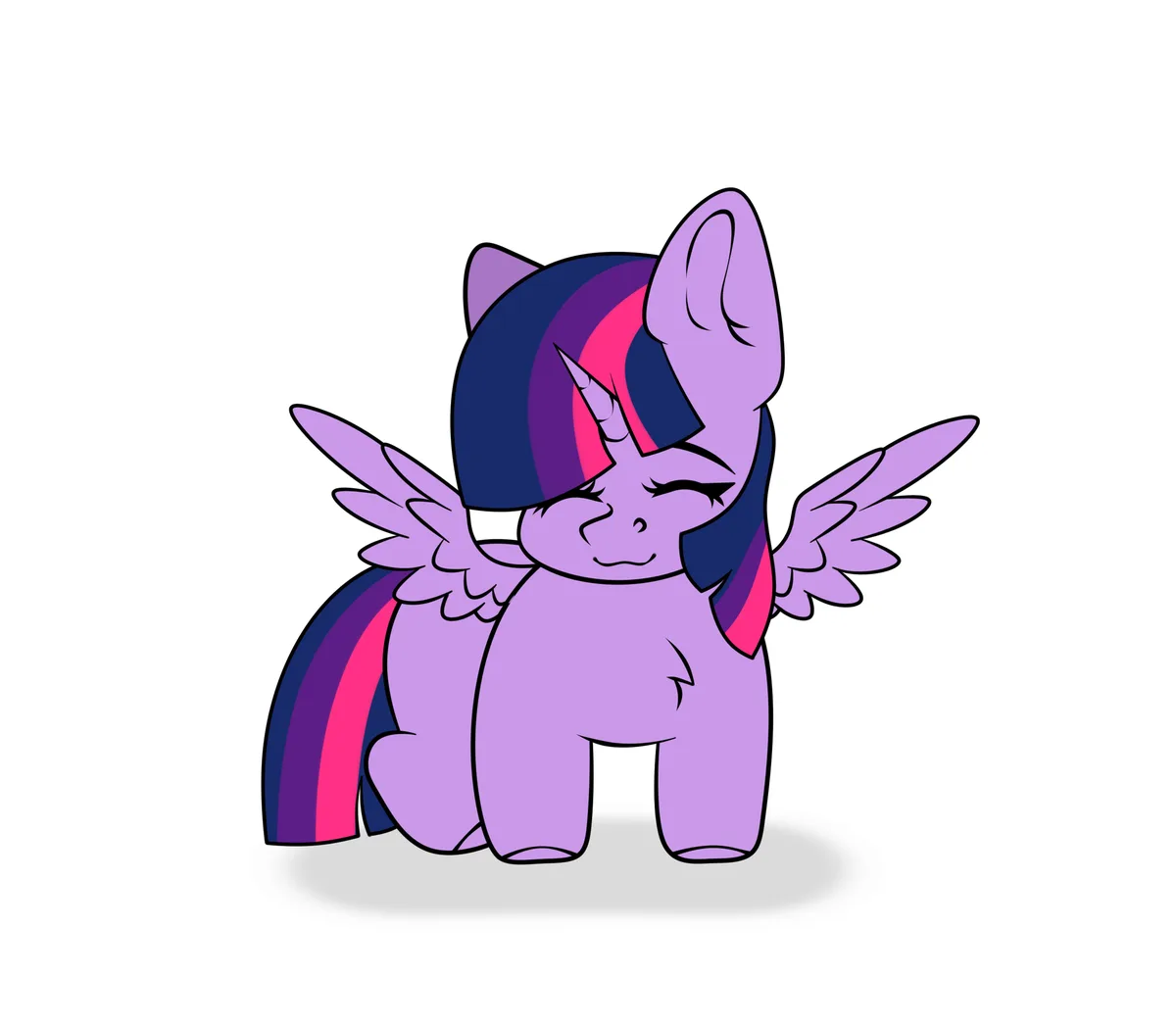 Six identical cartoon pony characters, each with purple skin, dark blue and pink mane, wings, and a smiling expression, are…