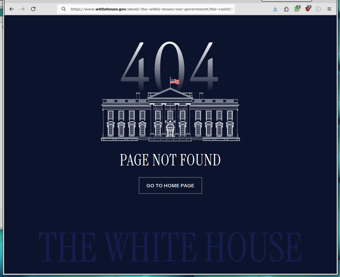 A screenshot of a web browser displaying a 404 error page from the White House website, featuring a line drawing of the…