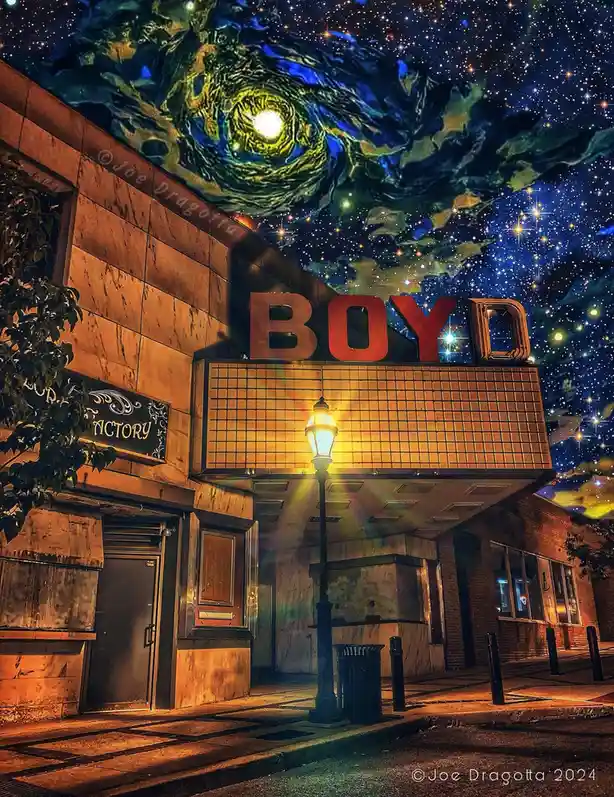 A nighttime photo of the Boyd Theatre, with its marquee and streetlamp illuminated, is digitally altered to have a swirling…