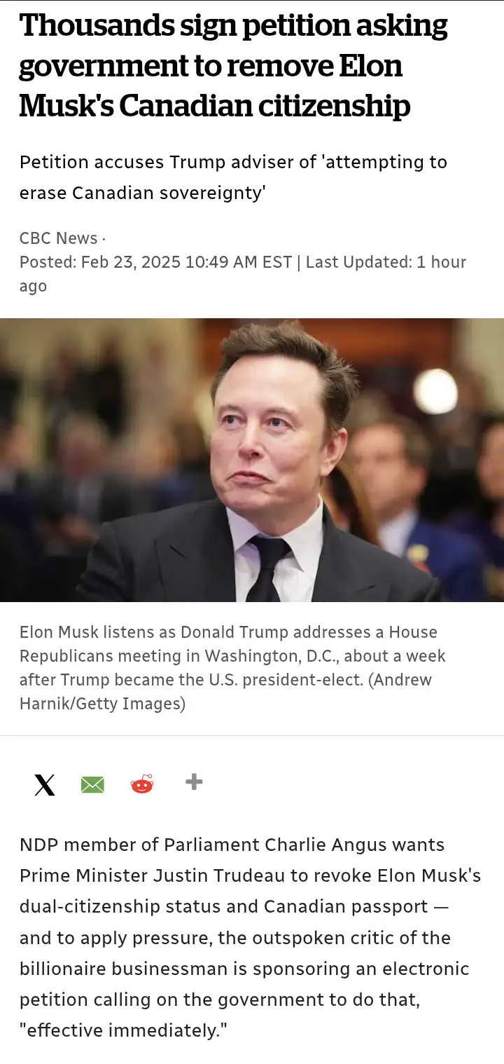 A screenshot of a CBC News article shows a photo of Elon Musk looking pensive while wearing a suit and tie. The headline…