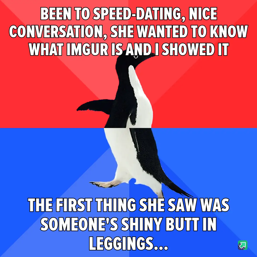 A penguin stands centered against a red and blue background, with white text overlaid in two sections. The top text reads…