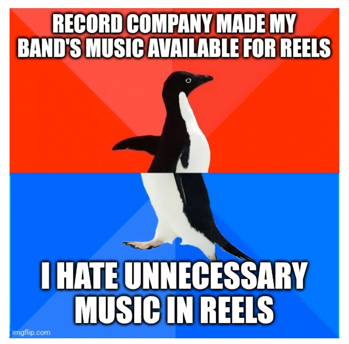 A penguin stands centered against a red and blue background, with bold white text above and below. The top text reads…