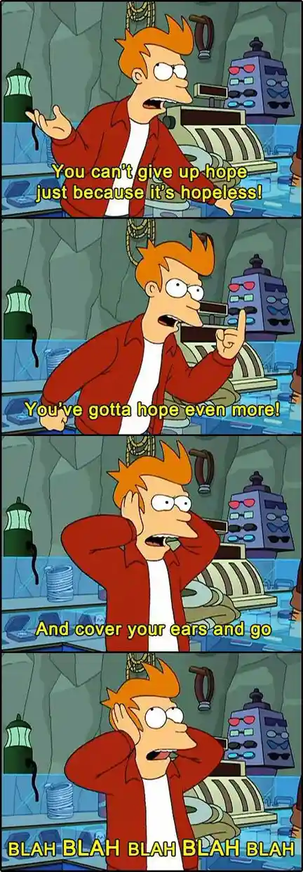 A four-panel comic strip featuring the animated character Fry from Futurama. In the first panel, he passionately declares…