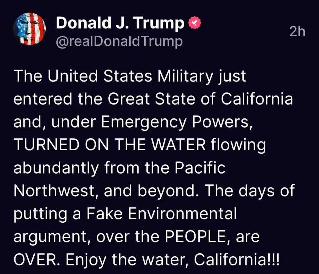 A screenshot of a fake Twitter post attributed to Donald J. Trump, showing his profile picture and handle, with a long text…