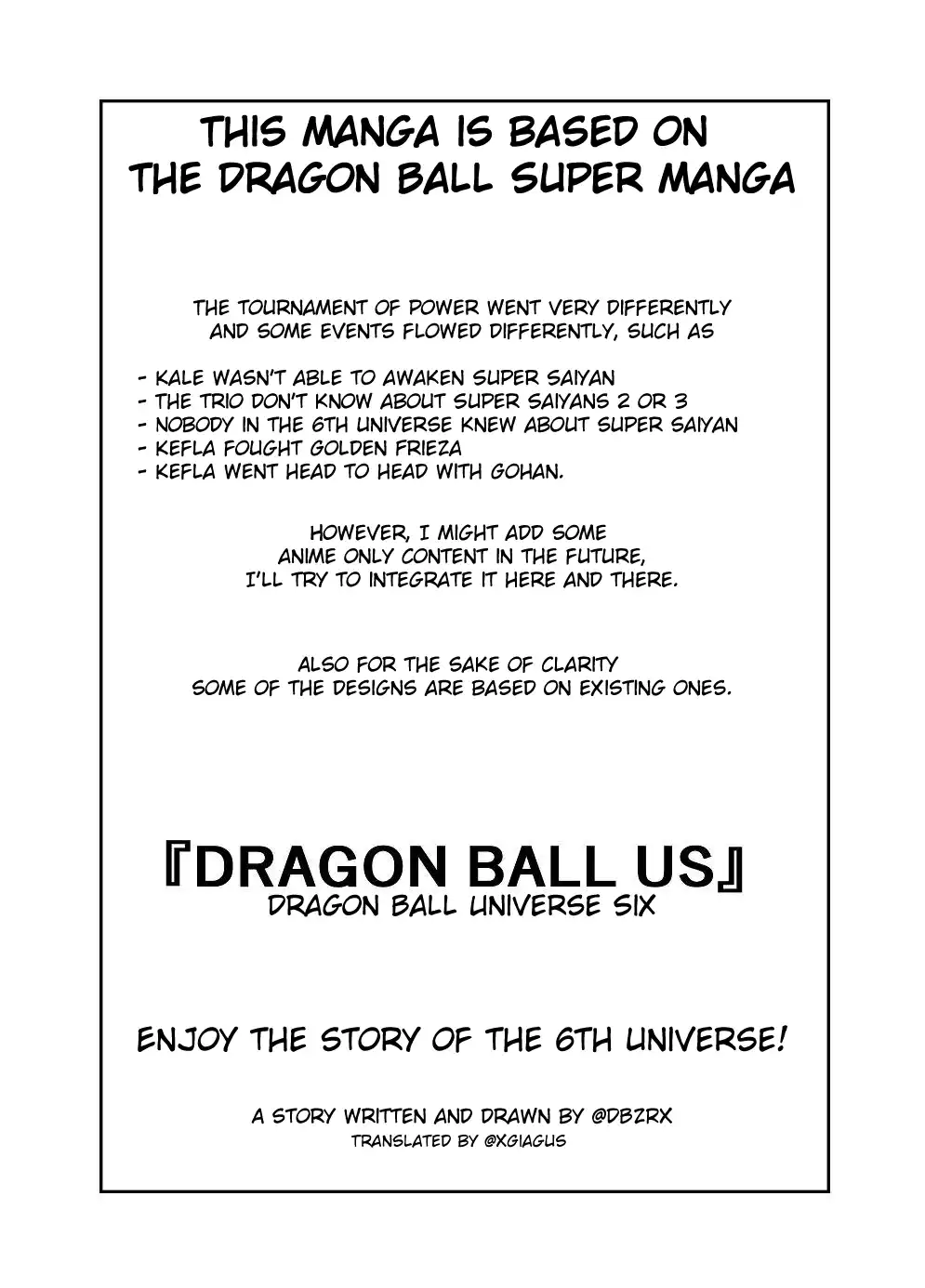 A black-and-white text-based image resembling a manga cover or prologue page. It details a fictional 'Dragon Ball US' story…