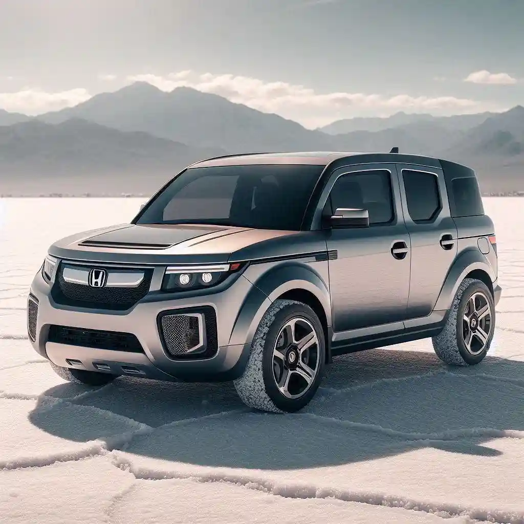 A silver Honda SUV with a boxy, rugged design is parked on a cracked salt flat with mountains in the background. The…