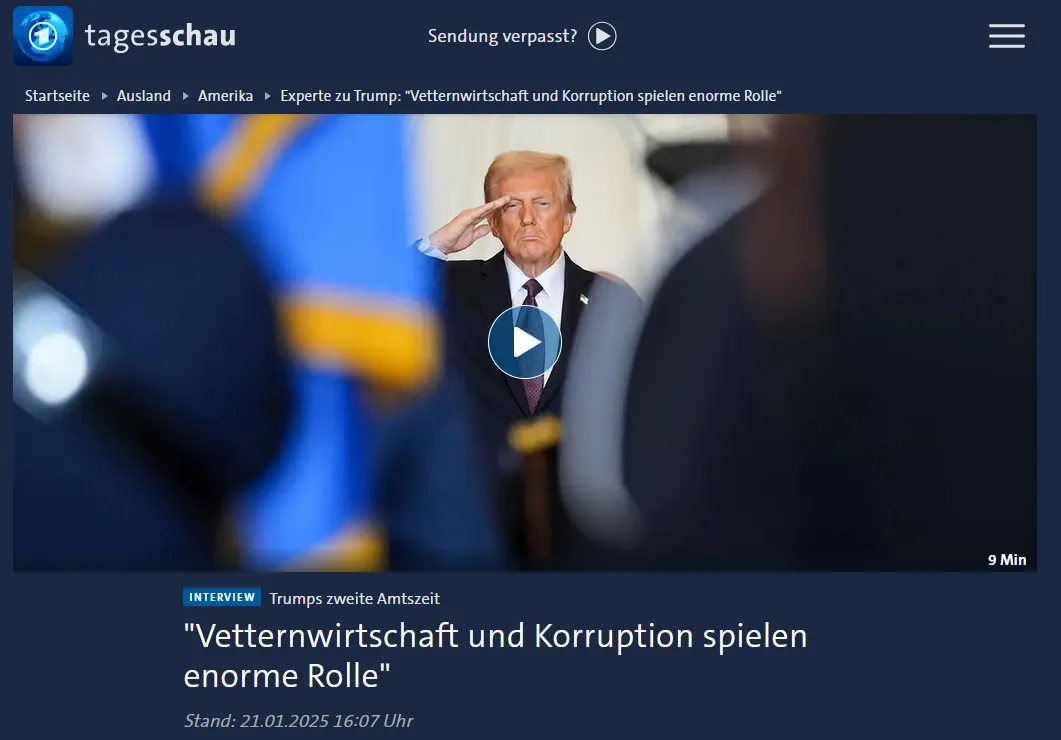 A screenshot of a German news website 'tagesschau' showing a video thumbnail of Donald Trump saluting. The headline text…