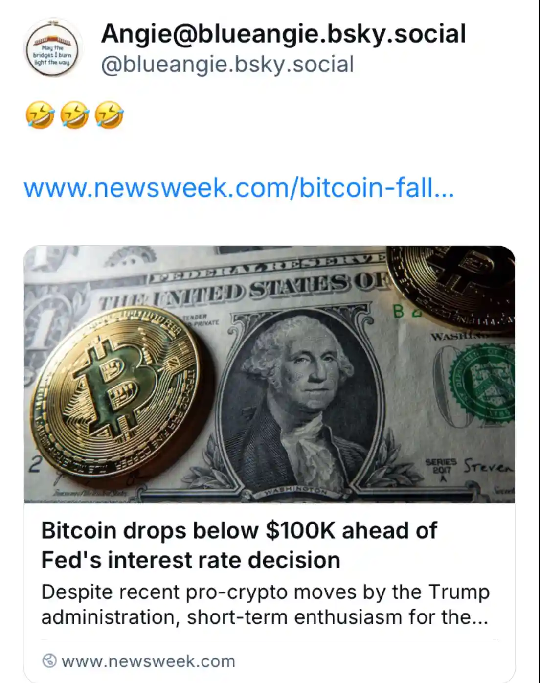 A screenshot of a social media post by Angie@blueangie.bsky.social showing a news article headline about Bitcoin dropping…