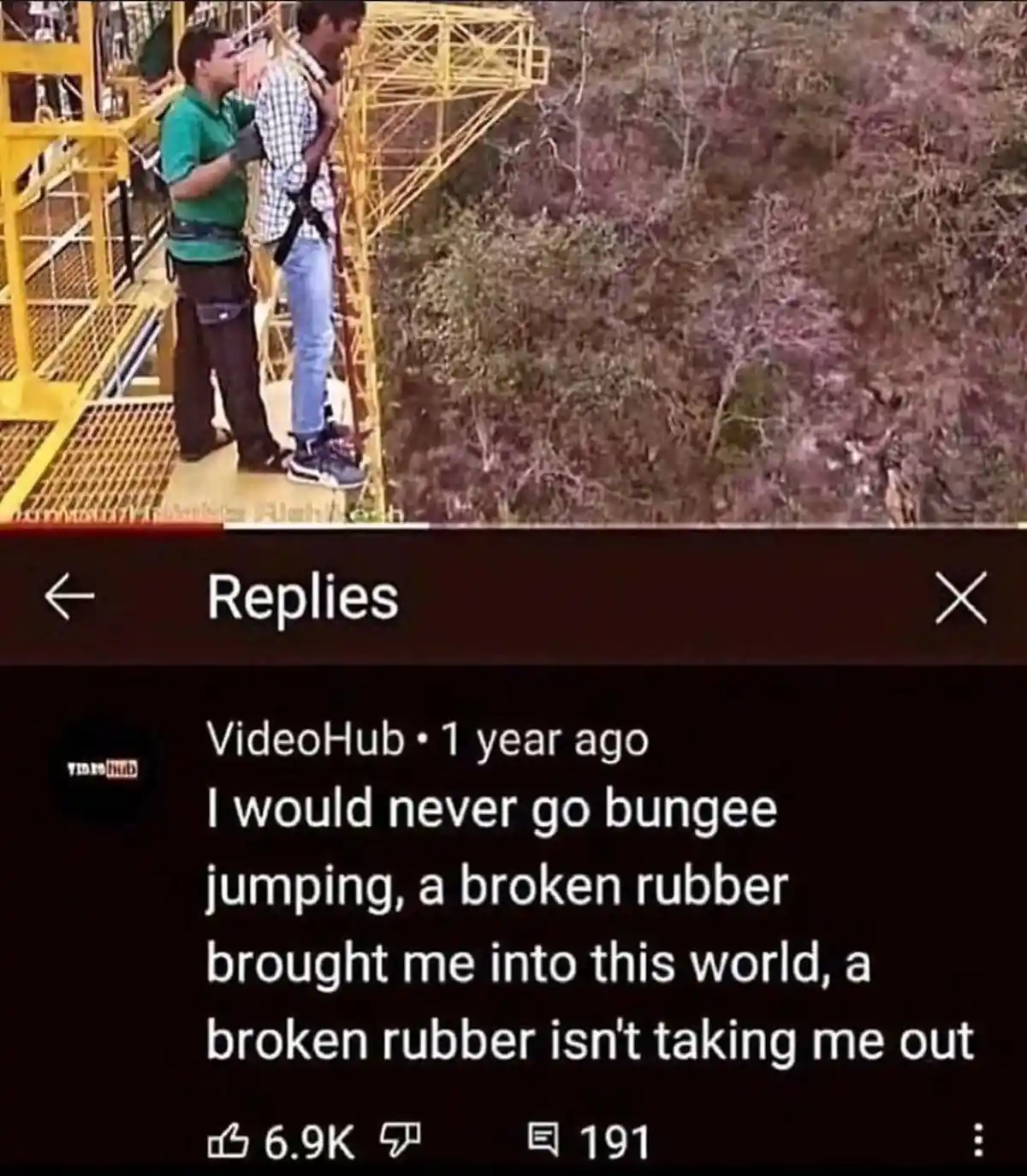 The image shows a screenshot of a YouTube comment section with a reply from 'VideoHub' posted 1 year ago. The comment reads…