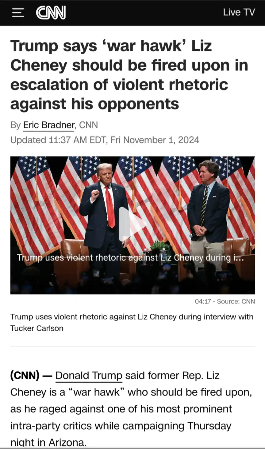 A screenshot of a CNN news article from November 1, 2024, featuring a photo of Donald Trump and Tucker Carlson standing…