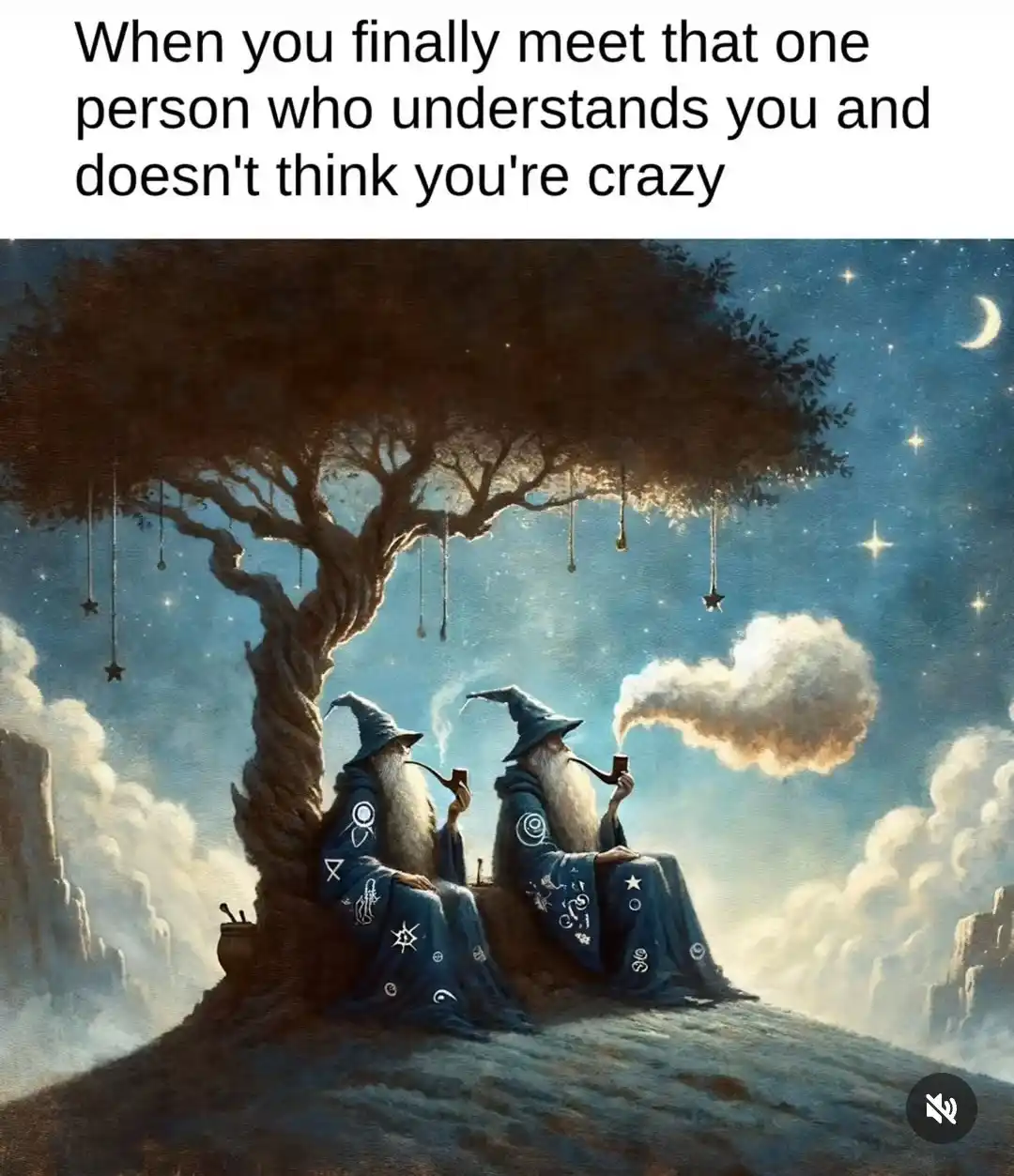 Two wizards in blue robes with long beards sit side by side under a large tree in a mystical, starry night sky, both smoking…
