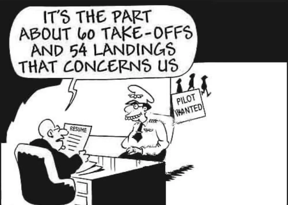 A black-and-white cartoon depicts a hiring manager reviewing a resume while a pilot candidate stands nearby. The candidate…