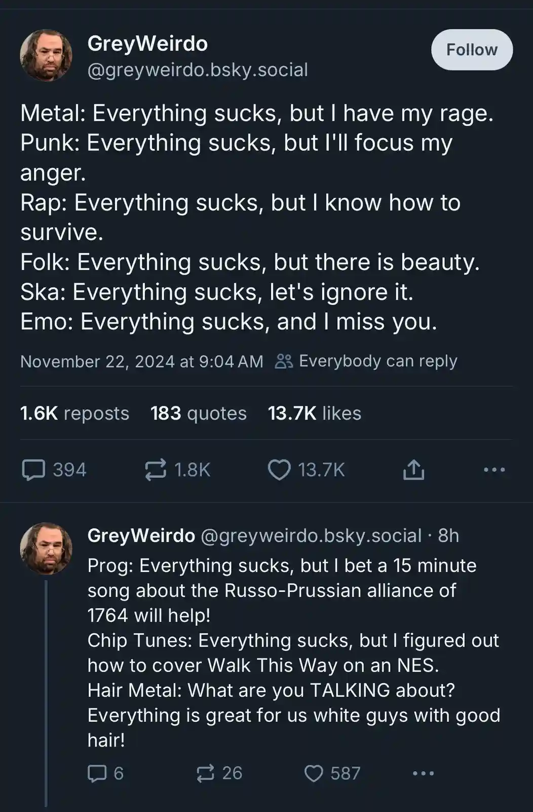 A screenshot of a social media post by 'GreyWeirdo' listing humorous, stereotypical responses from various music genres to…