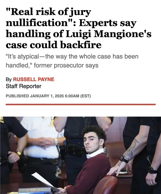 A screenshot of a news article with a headline about Luigi Mangione's case, overlaid with the text "Real risk of jury…