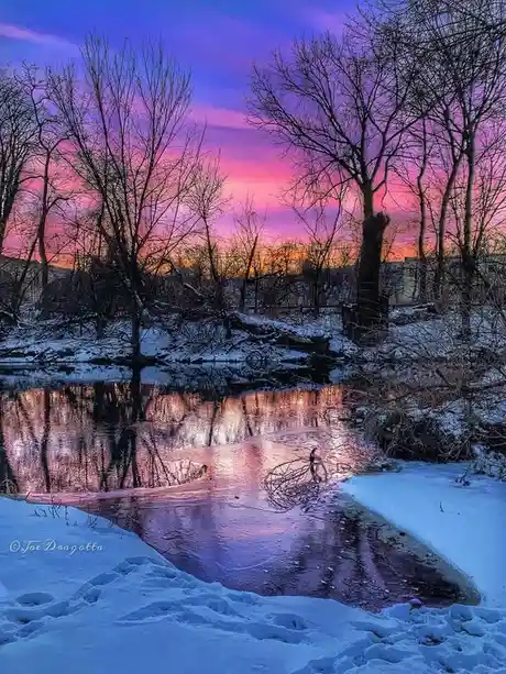 A serene winter scene shows a partially frozen river reflecting a vibrant purple and pink sunset sky, surrounded by…