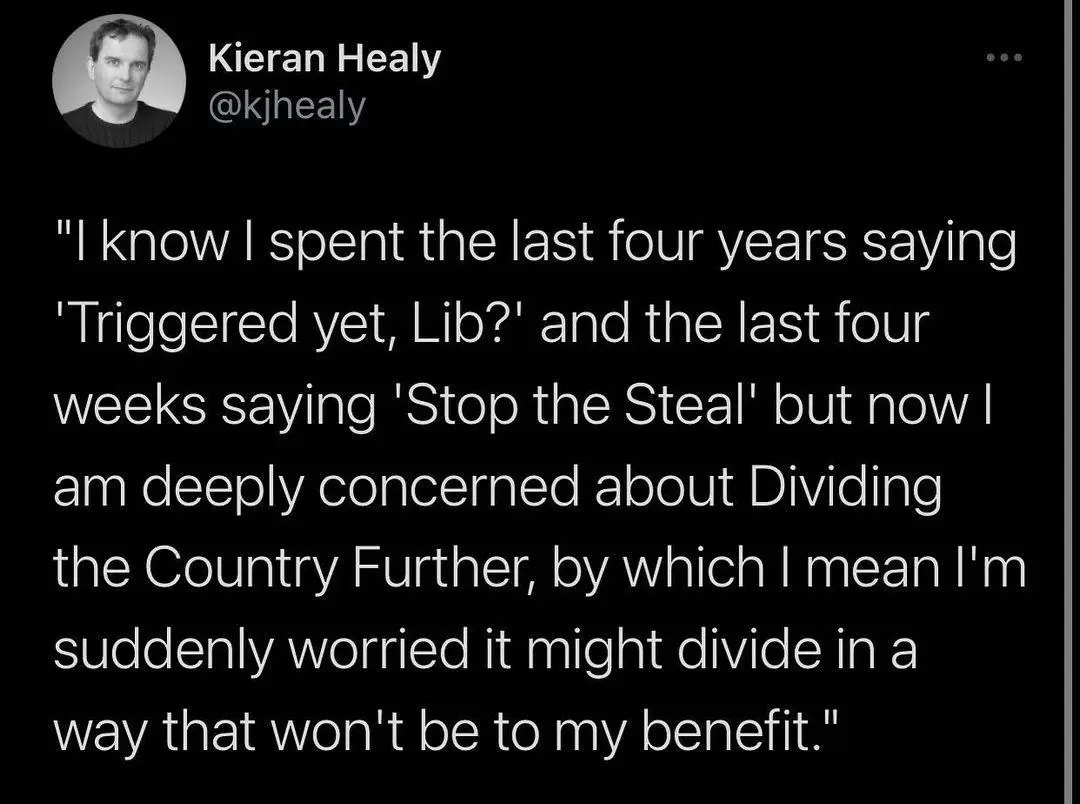 A screenshot of a tweet by Kieran Healy showing a block of white text on a black background. The text is a quote from Healy…