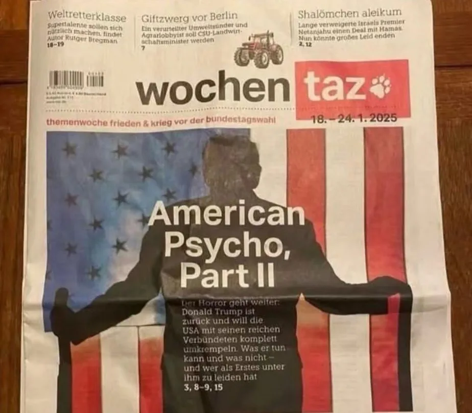A satirical newspaper front page from 'wochen taz' dated January 18-24, 2025, features a silhouette of Donald Trump against…