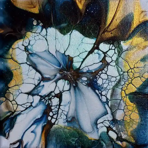 An abstract alcohol ink painting features swirling patterns of blue, gold, and white with crackled textures resembling a…