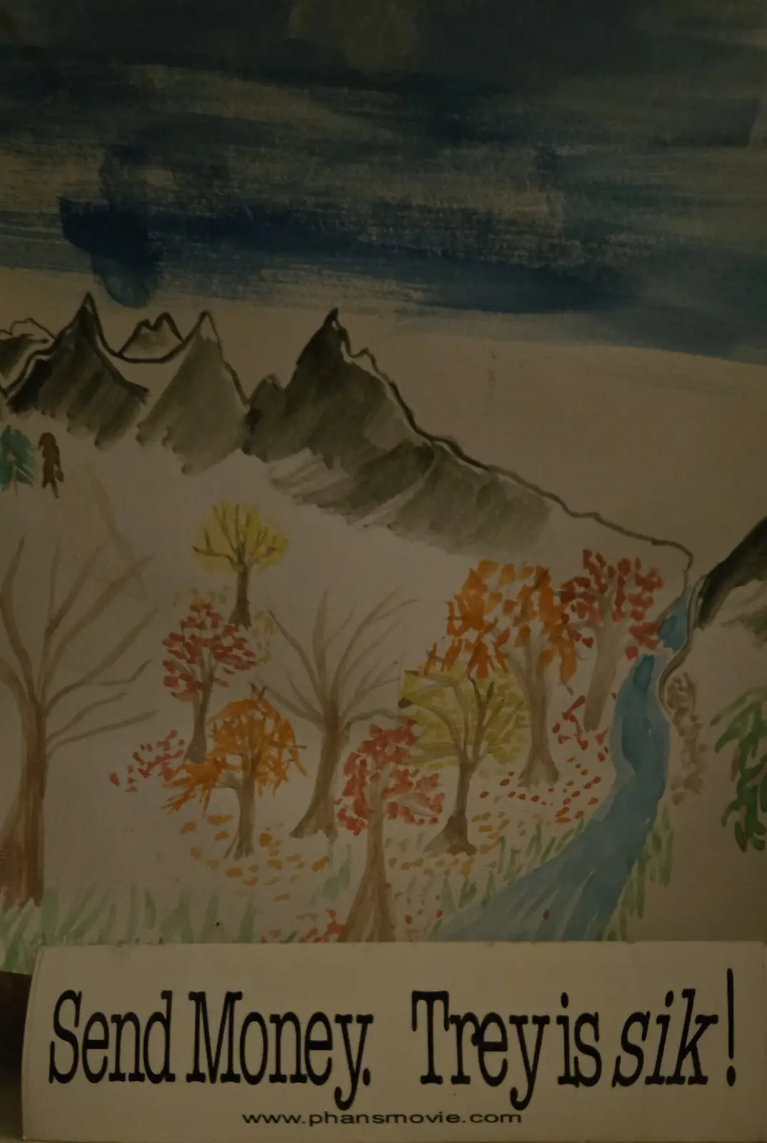 A hand-drawn watercolor painting depicts a mountainous landscape with autumn trees, a river, and a small figure on a snowy…