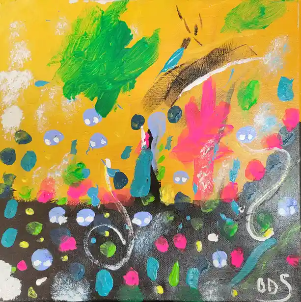 A colorful abstract painting depicts a stylized tree with a bright yellow background and dark ground, featuring vibrant…