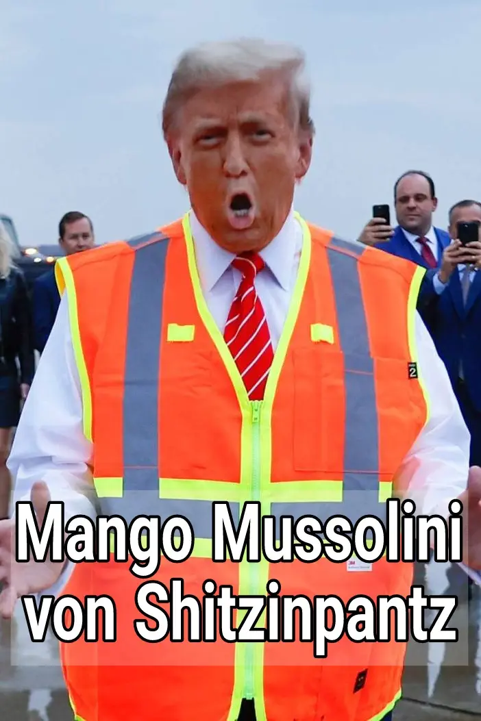 A man with gray hair wearing a bright orange construction vest over a white shirt and red striped tie, his mouth wide open…