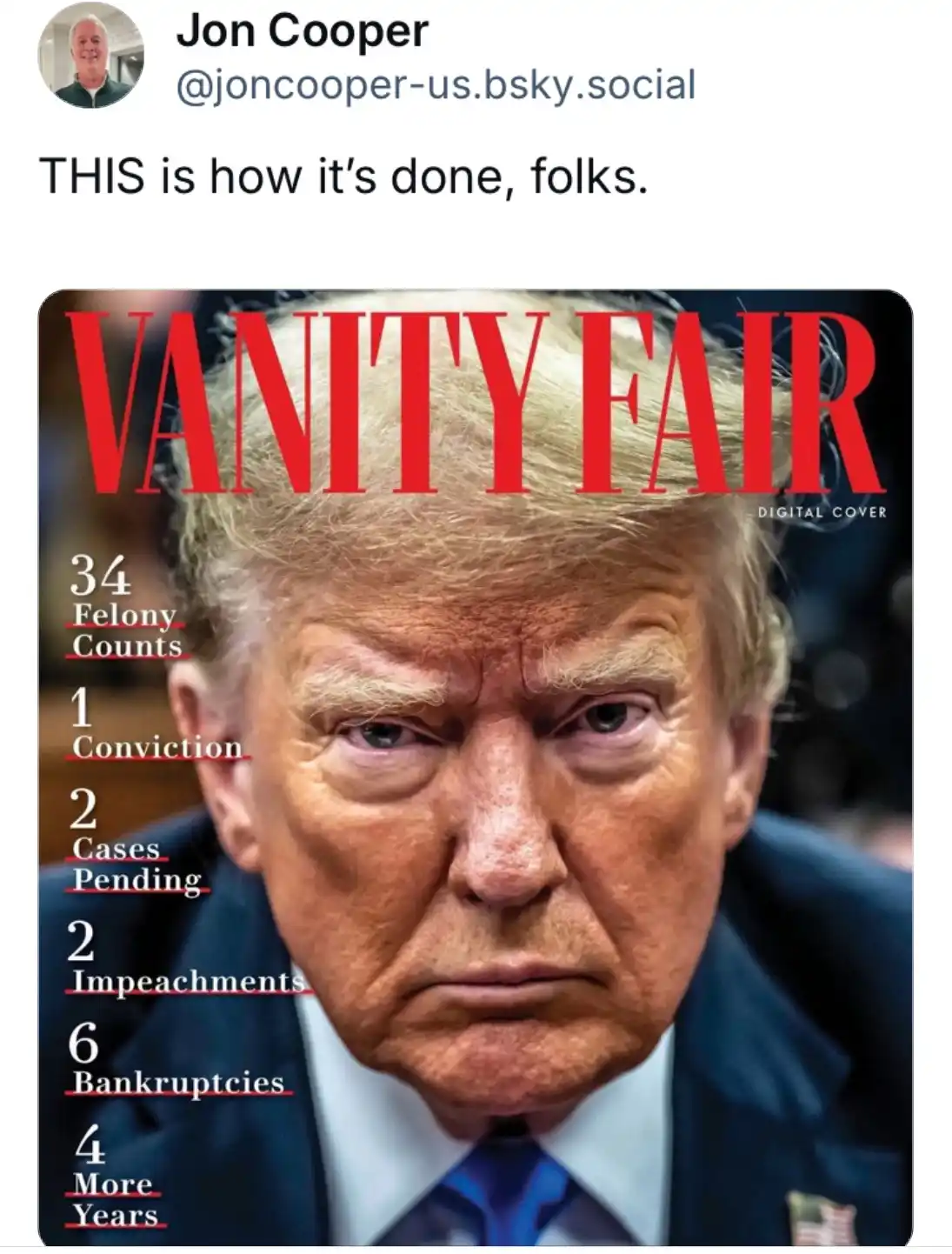 A digitally altered Vanity Fair magazine cover featuring Donald Trump, with text listing his legal and financial history: 34…